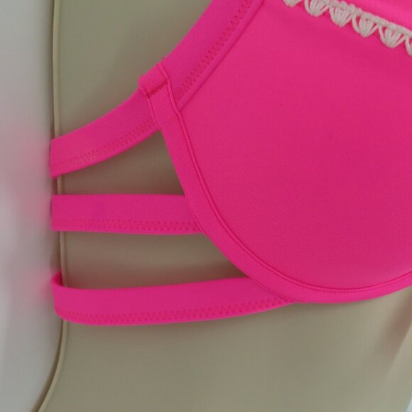 Shade & Shore Womens 34B Neon Pink Embroidered Trim Tassel Halter Bikini Top NEW - Picture 3 of 9
